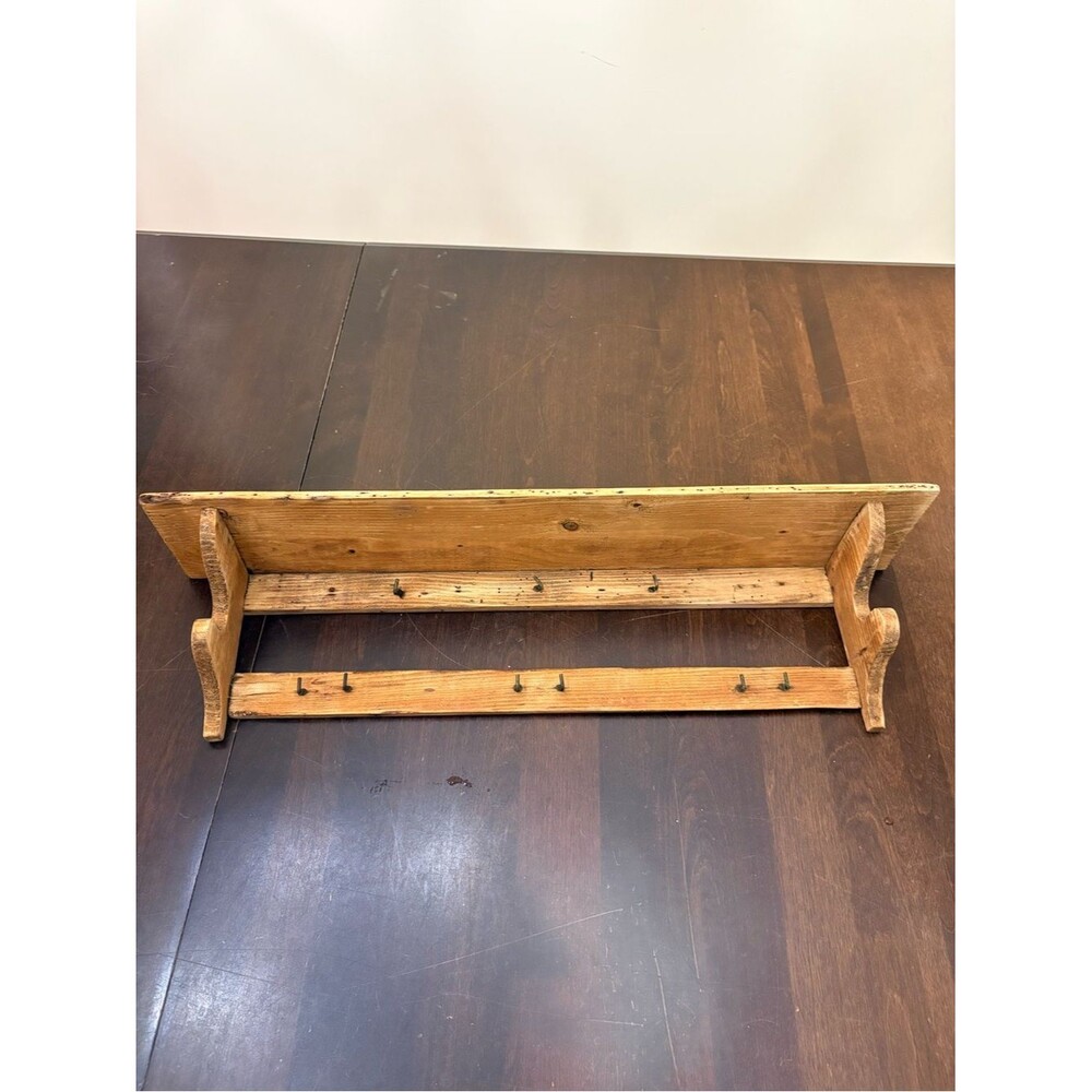 Rustic Wooden Wall Shelf with Hooks in Natural Wood
